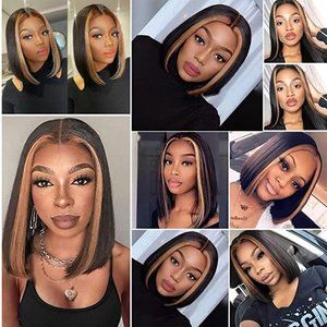 Black Bob Wig With Highlights in front 14 Inch Synthetic Bob Wig 14 "